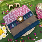 Vriksham Handwoven Pochampally Pink & Deep Teal With Diamond & Multi-Arrow Motifs Ikkat Silk-Cotton Saree-VS4737